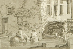 Detail from watercolour showing two figures on horseback wading through water