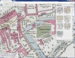 KYP Somerset shows Bishop's Palace in Wells on historic map, with modern map spyglass inset