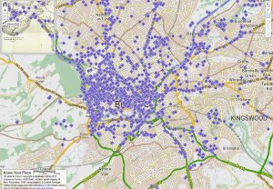 Screenshot of KYP Bristol shows the distribution of Vaughan’s postcards across the city. 